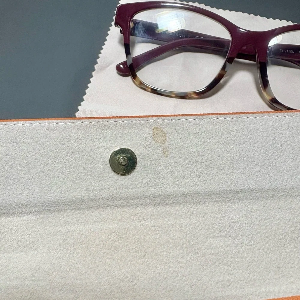 TORY BURCH Burgundy and Tortoise Eyeglasses with Orange Case